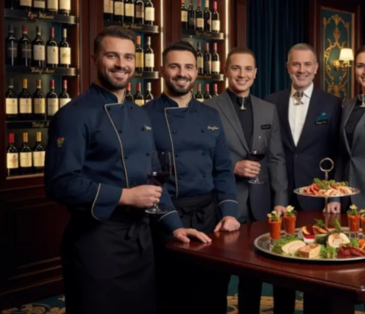 Profi étterem-kaszinó csapat csoportképe elegáns öltözetben
