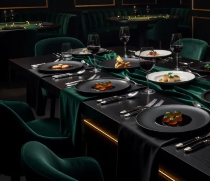 Degusztációs séfasztal elegáns kaszinó enteriőrben megterítve