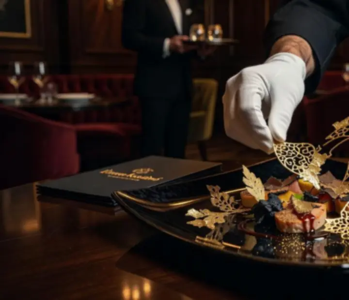 Művészi tálalás obsidian-arany kaszinó stílusban, fine dining tányéron
