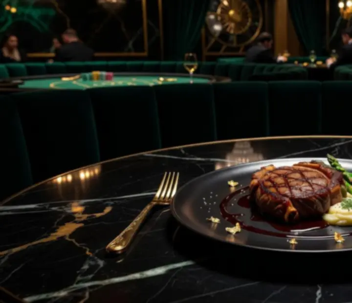 Gourmet steak tálalása arany fényekkel a Danu Belix étteremben