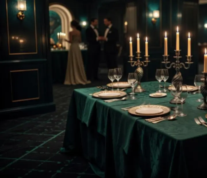 Gyertyafényes, elegáns vacsoraasztal prémium terítéssel