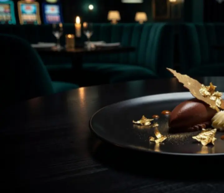 Modern fine dining desszert arany dekorral, gyertyafényes kaszinóasztalon tálalva