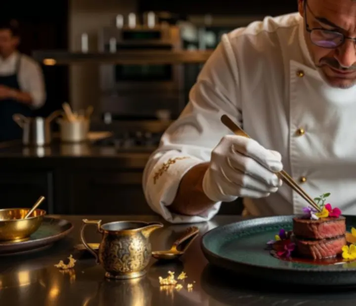 Séf gourmet fine dining tányért tálal elegáns kaszinó-étterem konyháján