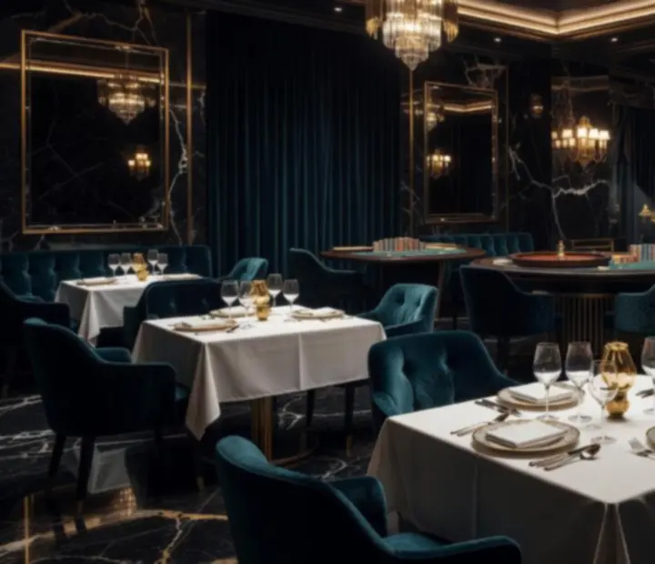 Sötét, elegáns gourmet kaszinó-étterem enteriőr bőr fotelekkel és hangulatvilágítással