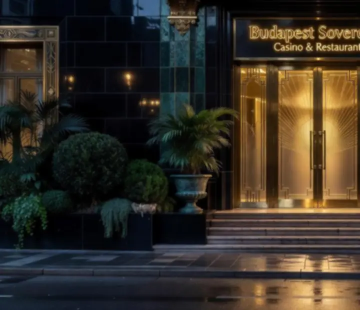 Éjszakai étterem-kaszinó bejárat Budapest elegáns negyedében