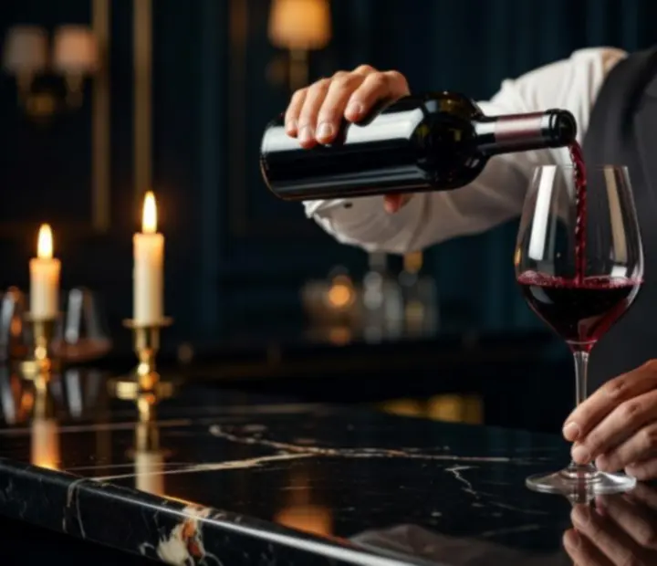 Sommelier sötét háttér előtt prémium vörösbort tölt pohárba