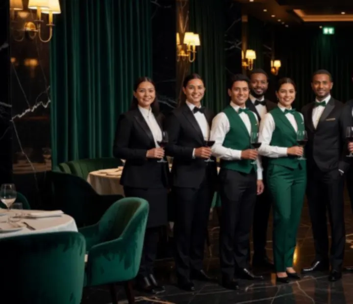 Elegáns vendéglátó csapat tagjai egy luxus étterem-kaszinóban